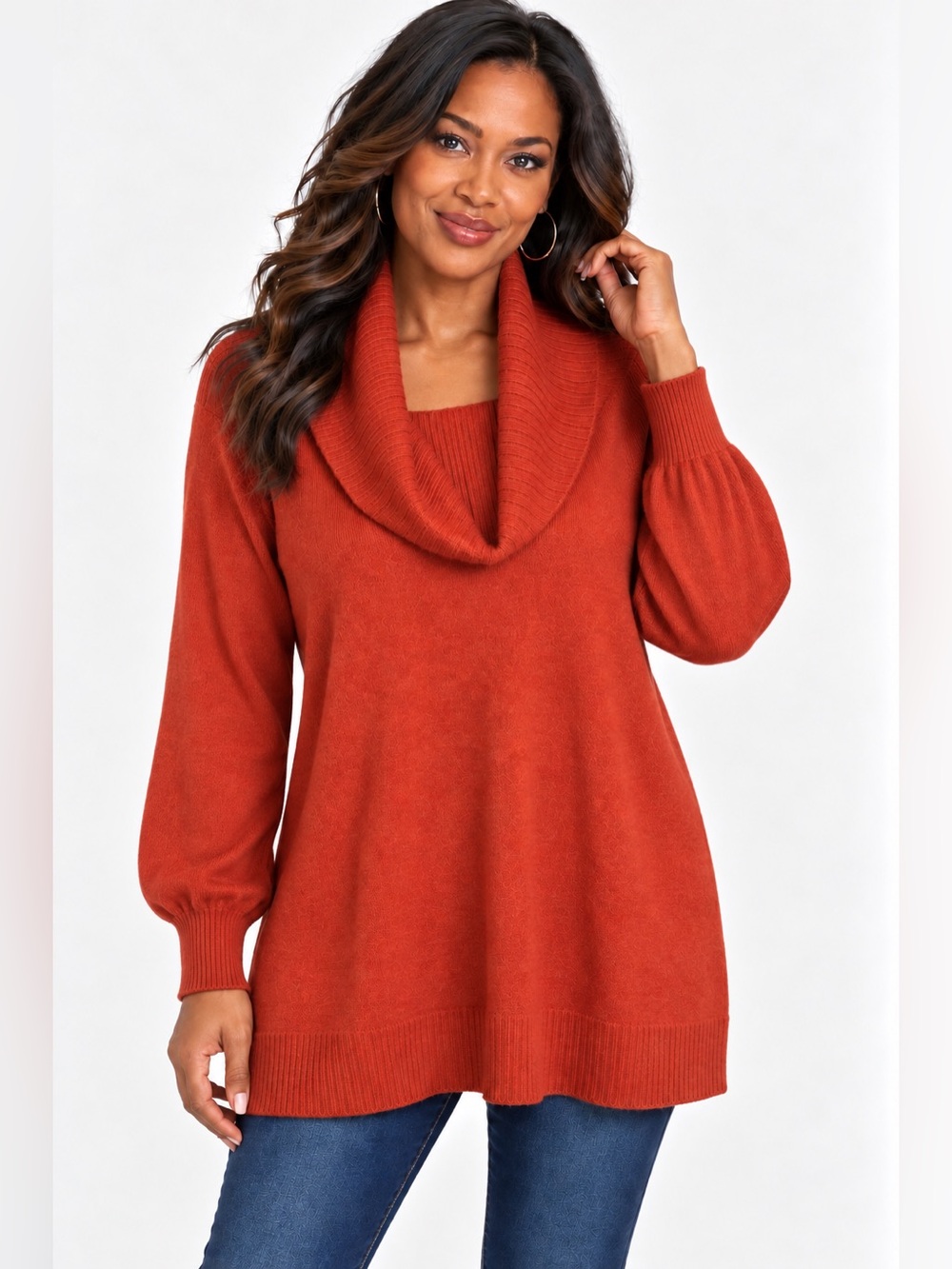 Anthropologie Paloma Knit Tunic Sweater Burnt Orange Balloon Sleeve ribbed SMALL